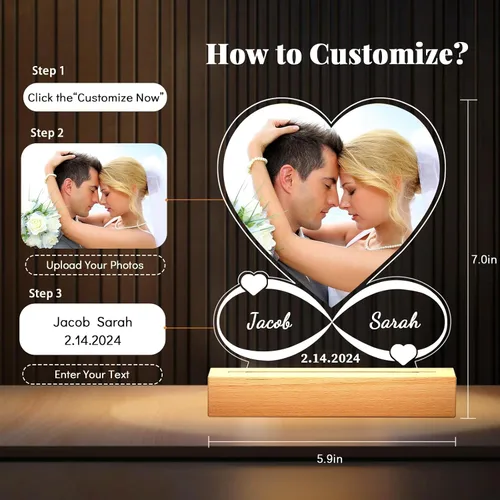 Vista 2 de Regalos personalizados de aniversario para parejas: placa acrílica personalizada con imagen, marco de fotos en forma de corazón para regalo