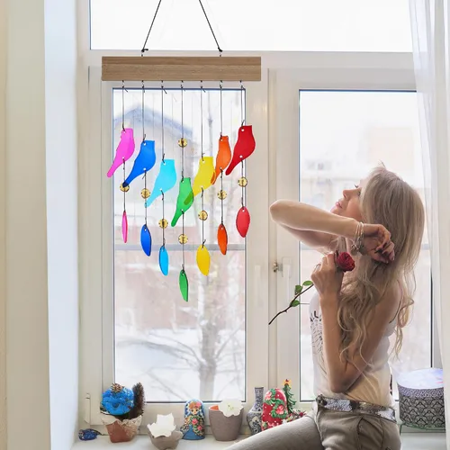 Vista 5 de Campanas de viento de vidrio coloridas para jardín y patio al aire libre - Campana de viento con diseño de pájaro hecha a mano, regalo perfecto