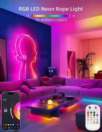 Vista 2 de Lamomo - Tira de luces LED RGB de neón, 16.4 pies de luces de cuerda LED de neón con control remoto por aplicación, sincronización de música