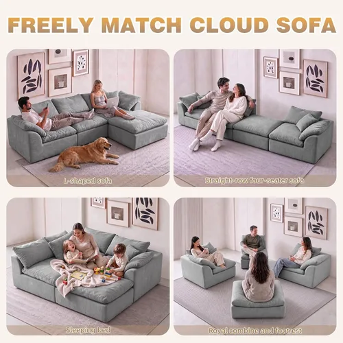 Vista 6 de Sofá seccional de nube sin hueso de 110 pulgadas para sala de estar, sofá modular en forma de L de gran tamaño con otomana, sofá seccional de Gris