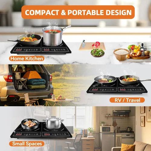 Vista 6 de 1800W Doble Inducción Cocina Compartición de Energía Portátil Quemador de Inducción Encimera Temperatura y Potencia Ajustes de Potencia Quemador