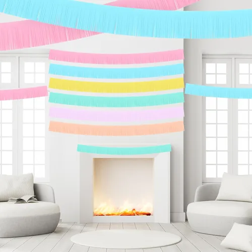 Vista 5 de Taiyin Paquete de 12 guirnaldas de flecos de macarrón de 120 pies de papel pastel con flecos, guirnalda de fiesta para colgar en la pared, telón