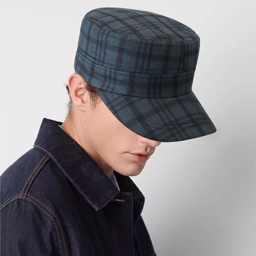 Vista 3 de Gorra de cadete para hombre, estilo militar, vintage, diseño a cuadros, tapa superior plana