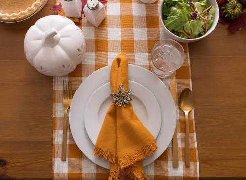 Vista 5 de DII - Colección de mesa con flecos pesados y cuadros, camino de mesa, 14x72 pulgadas, calabaza y especias Naranja