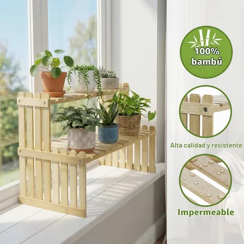 Vista 6 de MyGift soporte para plantas de bambú natural con 2 niveles, para el escritorio, color café