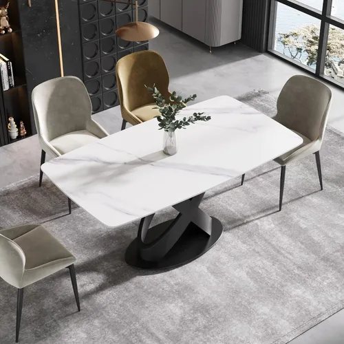 Vista 10 de Mesa de comedor moderna, mesa de piedra sinterizada blanca antigua con base de acero al carbono sólido en forma de X negra, mesa de comedor Blanco