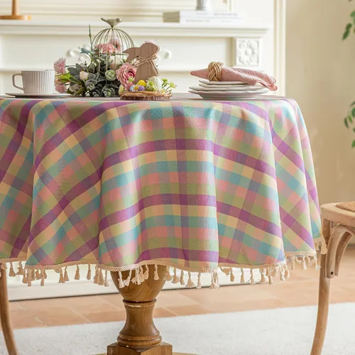 Vista 30 de JIALE - Mantel cuadrado de lino de algodón de cuadros Gingham con borlas, lavable, sin arrugas, mantel a cuadros de búfalo para fiesta al aire Beige