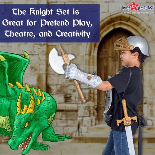 Vista 5 de Dress Up America Juego de armadura de caballero para niños, escudo medieval y casco, disfraz de caballero real para niños