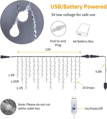 Vista 6 de YOLIGHT Luces de hadas para cortina, luz de bola de icículo alimentada por USB/batería, 13 pies 96 luces LED de globo colgantes para dormitorio