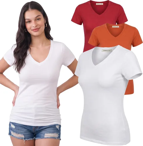 Vista 201 de Emmalise Camiseta de manga corta para mujer, cuello en V, tallas junior y plus