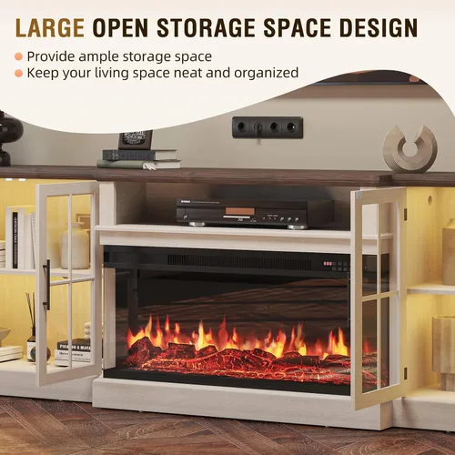 Vista 6 de Mueble de TV de estilo granja de 98" con chimenea de 36" para televisores de hasta 100", centro de entretenimiento multimedia con estantes 2-Blanco