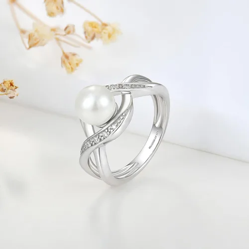 Vista 3 de JO WISDOM Anillo de perlas para mujer, plata de ley 925, circonita cúbica, anillo de perlas infinitas con anillo redondo de perlas blancas de 0.276