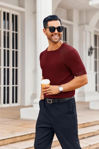 Vista 3 de Runcati Camiseta casual para hombre, elástica, de manga corta, de punto, ajustada, cuello redondo, suéter básico