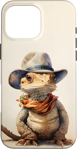 Vista 18 de iPhone 16 Lindo dragón barbudo Beardie con un estuche de sombrero de vaquero
