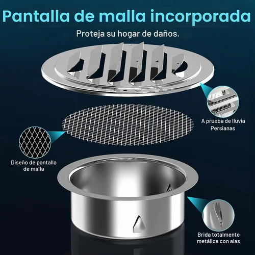 Vista 3 de Rejillas de ventilación de acero inoxidable de 10 cm, HG Power, cubierta redonda con malla de pantalla, rejilla de ventilación de aire para pared