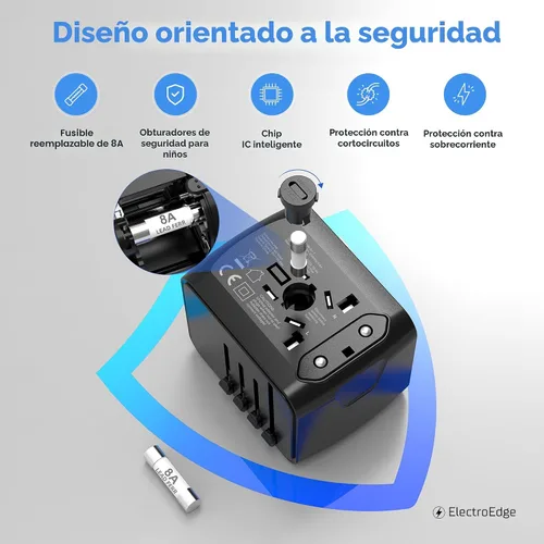 Vista 3 de Adaptador de viaje universal con puerto 3USBA + 1USBC, adaptador de viaje mundial todo en 1 Adaptador de enchufe europeo a Reino Unido Adaptador