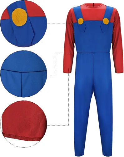 Vista 8 de Tappkice Disfraz de fontanero de Odyssey para adultos, disfraz de fontanero rojo y verde, sombrero de bigote, trabajo, Halloween, cosplay, uniforme