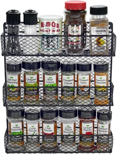 Vista 5 de Estante para especias de montaje en pared, estante organizador de almacenamiento de cocina de 3 niveles, diseño que ahorra espacio, incluye 2