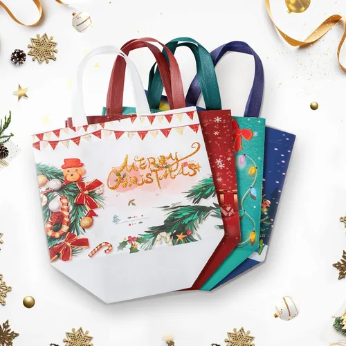 Vista 8 de YANGTE Paquete de 16 bolsas de Navidad con asas, bolsas de regalo no tejidas, 12.8" 9.8" 6.7