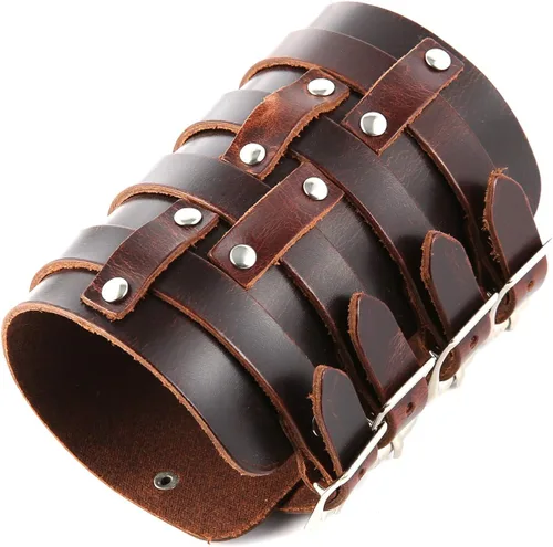Vista 9 de HZMAN Brazalete ancho de cuero para hombre con correa triple y hebilla de cierre de armadura para brazo, 4 filas