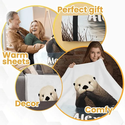 Vista 5 de Manta con diseño de animales de nutria linda con nombre para cama, sofá, manta de forro polar súper suave para regalo, para bebés, niños y adultos