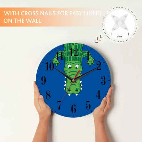 Vista 4 de Mxocom Reloj de pared de cocodrilo verde de dibujos animados con dientes, lindo estilo divertido de 10 pulgadas, silencioso, sin tictac, funciona