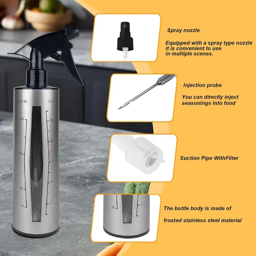Vista 3 de Botella de spray para barbacoa e inyector de marinada para ahumado, botella pulverizadora de grado alimenticio 3 en 1 mejorada para ahumador