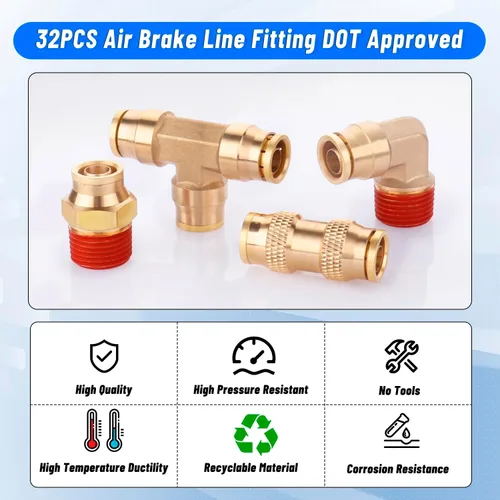 Vista 5 de 32 piezas de accesorios de línea de freno de aire de latón DOT surtido de 1/4" 3/8" 1/2" kit de accesorios de línea de aire de empuje para conectar