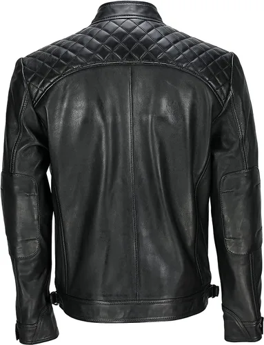 Vista 7 de Chaqueta de cuero vintage con hombros acolchados, estilo retro, clásico, con diamantes desgastados, para motocicleta, Cafe Racer