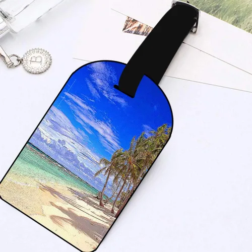 Vista 4 de Etiquetas de equipaje de vacaciones con nubes tropicales de playa, isla y cielo, tarjetas de equipaje de mano, de cuero, para maletas de viaje