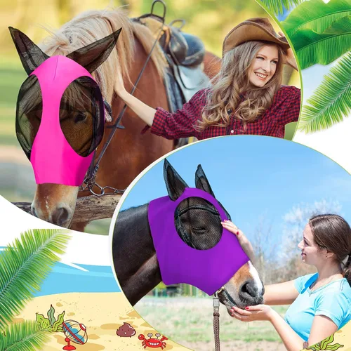 Vista 4 de Weewooday - 2 máscaras faciales de caballo con orejas, suaves y elásticas para moscas, cubierta de malla transpirable para los ojos, máscaras