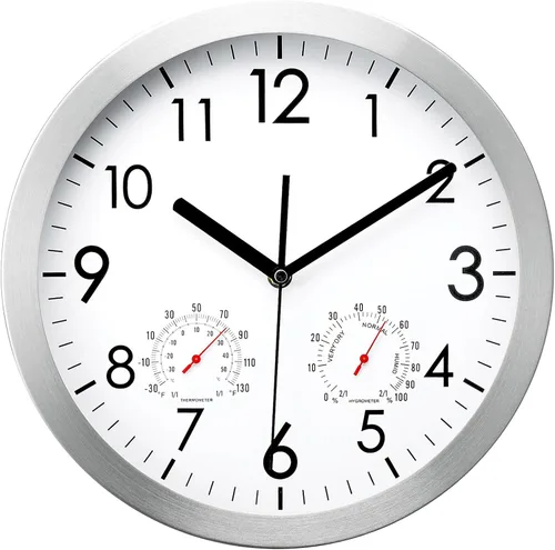 Vista 9 de WOOPHEN Reloj de pared silencioso de 12 pulgadas, funciona con pilas, cubierta de vidrio sin tictac, reloj de pared con marco de aluminio plateado