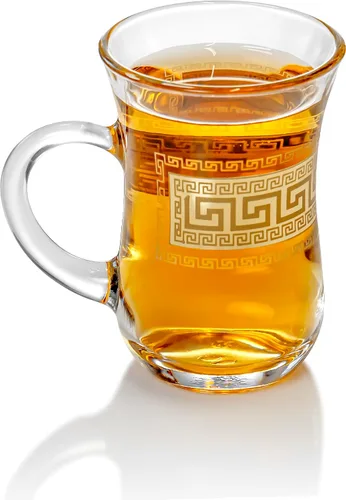 Vista 3 de Red Co. Juego de 6 tazas de té turco decoradas de vidrio transparente de 5 onzas líquidas con patrón de llave griega dorada y mango