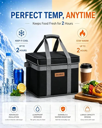 Vista 3 de Bolsas de comestibles reutilizables aisladas con tapa, bolsa enfriadora plegable con cierre de gancho y bucle, forro térmico, parte inferior Gris