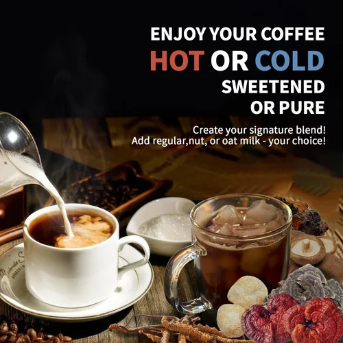 Vista 8 de Café instantáneo de hongos en polvo Extracto de café expreso con melena de leones Chaga cola de pavo Shiitake Cordyceps Reishi 20 porciones