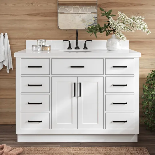 Vista 95 de ARIEL Hepburn - Tocador de baño de 30 pulgadas con fregadero, madera maciza, encimera y protector contra salpicaduras de cuarzo blanco puro de 1.5