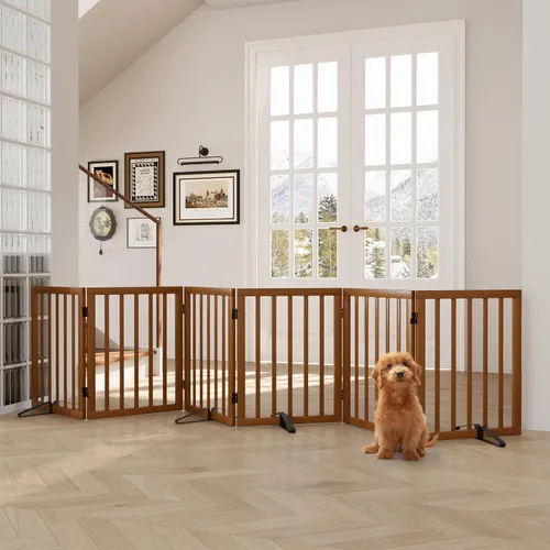 Vista 15 de Semiocthome Puertas de bambú para perros para interiores, puertas independientes de 2 paneles para cachorros para la casa con 2 soportes de metal