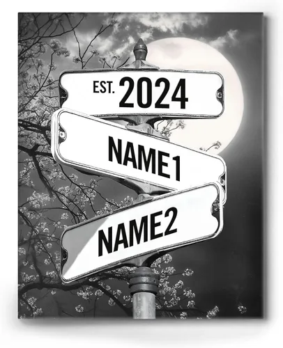 Vista 10 de Lienzo de letrero de calle vintage personalizado para parejas, nombre y fecha personalizados con tema de nube en blanco y negro, regalo de boda