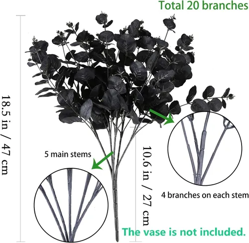 Vista 2 de GREENTIME Paquete de 2 tallos de eucalipto negro con 20 ramas de 18.5 pulgadas, ramo de flores artificiales para jarrón, decoración de mesa de boda