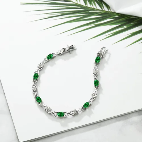 Vista 3 de Gem Stone King Pulsera de tenis de plata de ley 925 ovalada verde esmeralda simulada para mujer