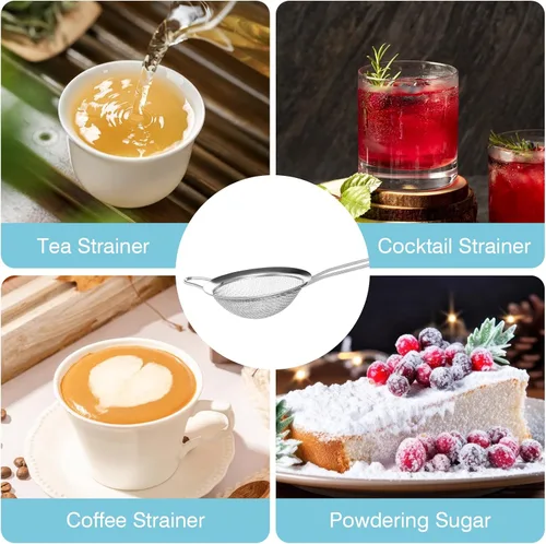 Vista 8 de 15 coladores pequeños de acero inoxidable, pequeño colador de té de malla fina, mini tamiz de acero inoxidable con asa, coladores de metal de cocina