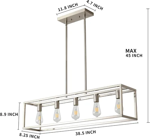 Vista 6 de 5 luces de isla de iluminación de níquel cepillado para comedor, lámpara colgante de granja moderna isla de cocina, iluminación lineal de granja