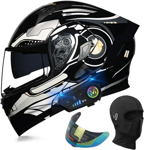 Vista 12 de Casco de motocicleta modular con Bluetooth, aprobado por DOT, casco de cara completa abatible, con visera doble, altavoces duales y micrófono