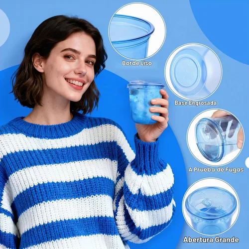 Vista 4 de KesaPlan - Paquete de 50 vasos de plástico de fondo redondo azul de 12 onzas con tapas para sorber