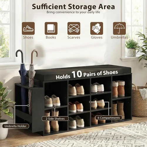 Vista 4 de Tangkula Banco de almacenamiento de zapatos con soporte para paraguas, organizador de zapatos de 40 pulgadas con asiento acolchado, 10 cubos y Negro
