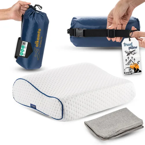 Vista 13 de alkamto Cómoda almohada de espuma viscoelástica para viajes y campamentos, bolsa portátil fácil de llevar, funda de almohada con regulación