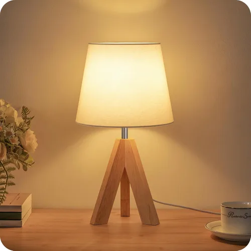 Vista 15 de Juego de 2 lámparas de mesa trípode pequeñas, lámpara moderna de mesita de noche con pantalla de tela, luz de escritorio de madera estilo bohemio