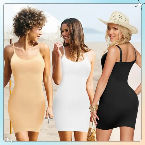 Vista 3 de Faja moldeadora para debajo de los vestidos, vestido con control de abdomen, moldeador de cuerpo, sin costuras, tirantes delgados, vestido camisola