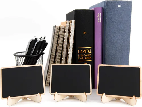 Vista 8 de DSTELIN Paquete de 10 minipizarras con soporte de caballete, pizarras pequeñas rectangulares de madera, tarjetas de madera para bodas, fiestas