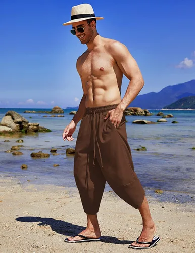 Vista 3 de COOFANDY Pantalones capri harén de lino para hombre, ligeros, sueltos, 34, con cordón elástico, cintura elástica, pantalones casuales para yoga
